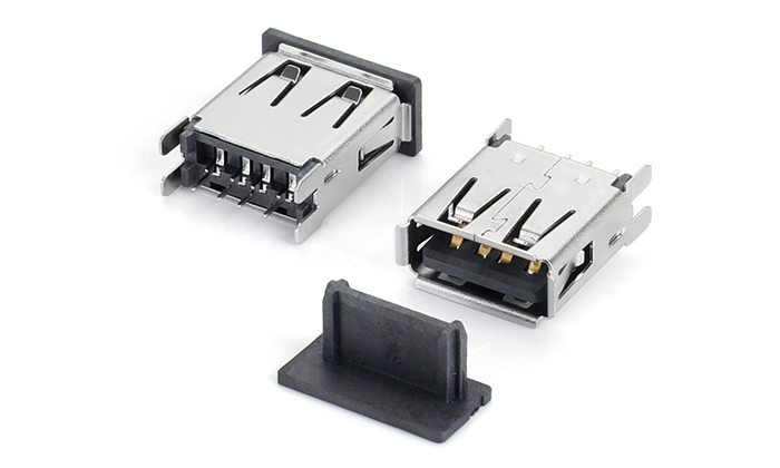 USB 2.0 AF 180-Degree Through-Hole with Two Forked Leads, Lip (Straight Lead 1.9mm), with Adsorption Cover (Height 14.45mm) UEF04T-11TN-B95R0