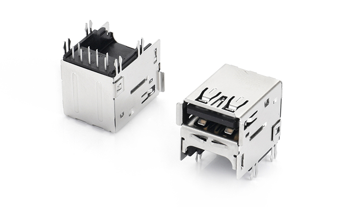 Elevated USB 3.0 90-Degree DIP, Forked Leads Pitch 8.0mm, with Flange and Spring, PA9T Body, Black UNF09L-B1AN-48P0