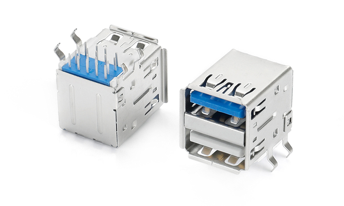 Dual-Layer USB 3.0 90-Degree DIP, 304 Stainless Steel Shell Nickel-Plated, All PA66, Upper USB 3.0 (Blue) + Lower USB 3.0 (White) UBF18L-6SAN-C8P3