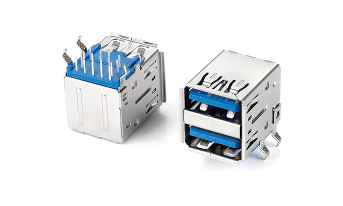 Dual-Layer USB 3.0, Bent Leads, Nickel-Plated Steel Shell, PBT Body, Blue UBF18L-23SN-98P0