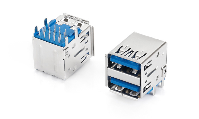 Dual-Layer USB 3.0, Straight Leads (Pitch 12.75mm), 201 Stainless Steel Shell, PA9T Body, Blue UBF18L-C3TN-C8P0