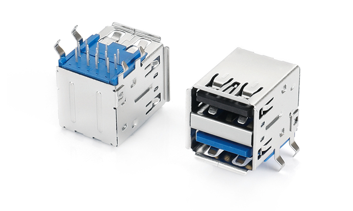 Dual-Layer USB 90-Degree DIP, Upper USB 2.0 (Black) + Lower USB 3.0 (Blue), 201 Stainless Steel Shell UBF13L-2KTN-58P0