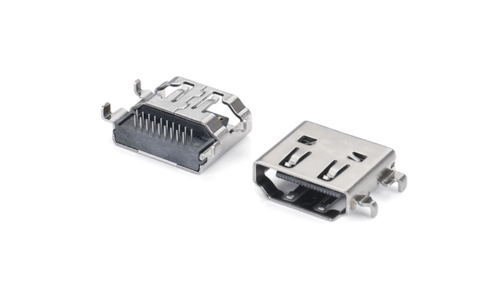 HDMI® AF 19PIN Front-Facing Flush-Mount, 1.80mm Height, L=12.55mm, Four-Pin Board, 90-Degree DIP HEF19L-11BN-18R0