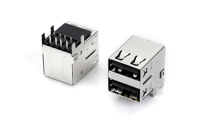 Dual-Layer USB 2.0 Integrated, PA9T Black, Straight Leads, without Flange, Pin Length 2.2mm, Stainless Steel Shell UAF08L-C1AN-48P0