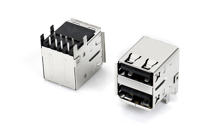 Dual-Layer USB 2.0 Integrated, PA9T Black, Straight Leads, Pin Length 2.2mm, Stainless Steel Shell UAF08L-C1AN-98P0