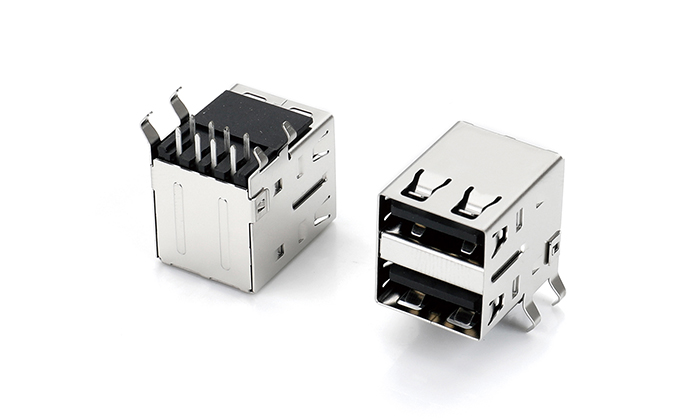 Dual-Layer USB 2.0 Integrated, PA9T Black, Bent Leads, without Flange, Pin Length 2.6mm, Stainless Steel Shell UAF08L-C1AN-38P0